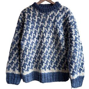 Vintage Ecuadorian Heavy Wool Houndstooth Sweater Hand-Knit Wild and Wooly Large